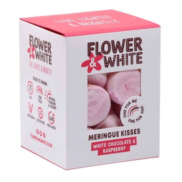 Flower & White Meringue Kisses - White Chocolate & Raspberry - 100g