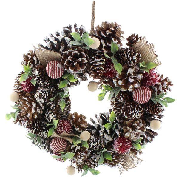 Striped Ball and Snow Tipped Cone Wreath - 30cm