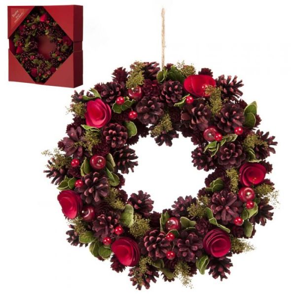  Red Rose and Pinecone Wreath - 30cm