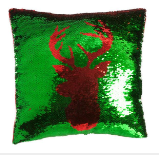 Green and Red Sequin Reindeer Cushion