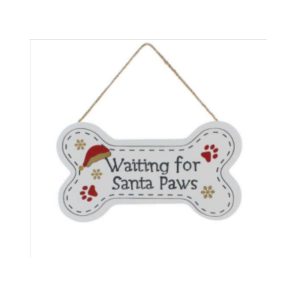 Wooden White SANTA PAWS Bone Shape Sign