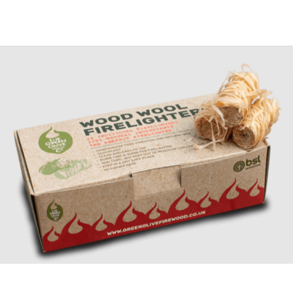 Green Olive Firewood Wood Wool Natural Firelighters 24 Piece